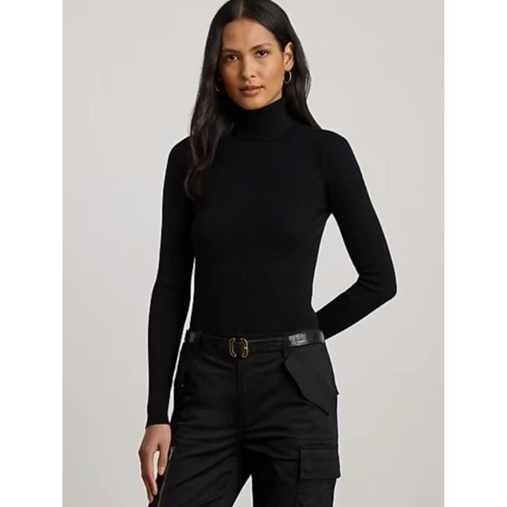 Lauren Ralph Lauren Women M Turtleneck Sweater Black Ribbed Knit Quiet Luxury
